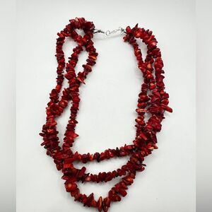 Beautiful three strand dyed coral chip statement necklace with 925 clasp!